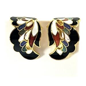 Vintage Enamel Clip On Earrings Gold Tone Butterfly Wing Multicolor 80s
